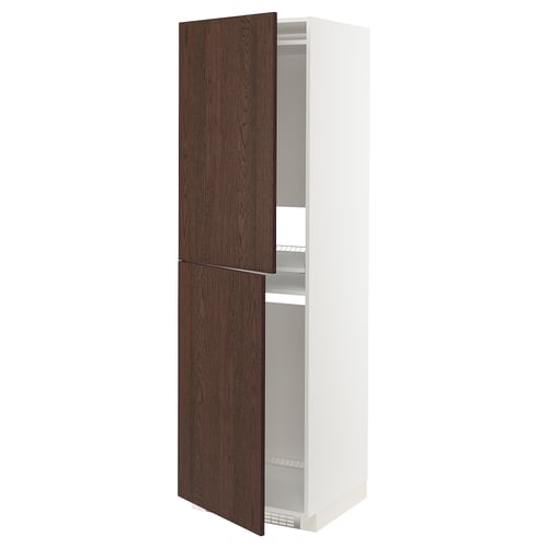 Modern tall white cabinet with dark brown wood grain doors, adjustable shelves, slim design.