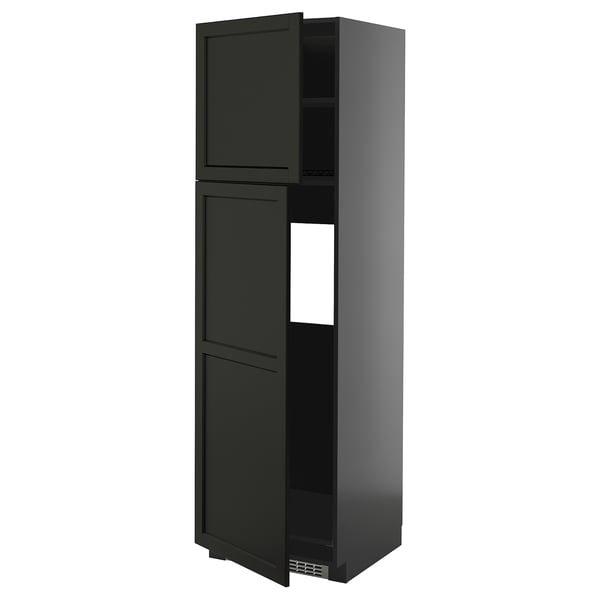 METOD High cabinet for fridge w 2 doors, black-grey/Lerhyttan black stained, 60x60x200 cm