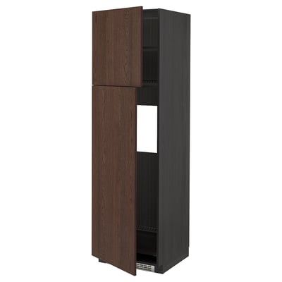 METOD High cabinet for fridge w 2 doors, black/Sinarp brown, 60x60x200 cm