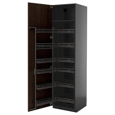 METOD High cabinet with pull-out larder, black-grey/Sinarp brown, 60x60x220 cm