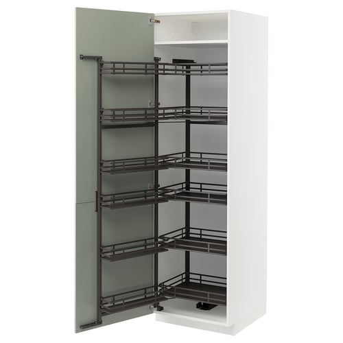 White METOD kitchen cabinet with green glass door, pull-out shelves.