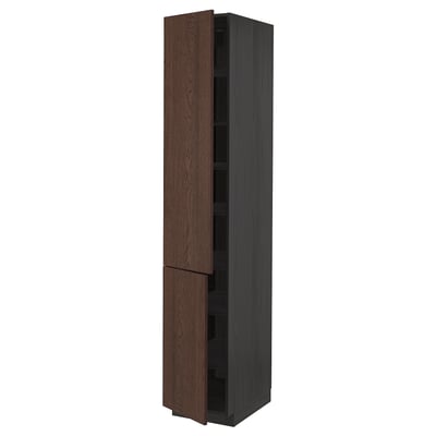 METOD High cabinet with shelves/2 doors, black/Sinarp brown, 40x60x220 cm