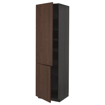 METOD High cabinet with shelves/2 doors, black/Sinarp brown, 60x60x220 cm