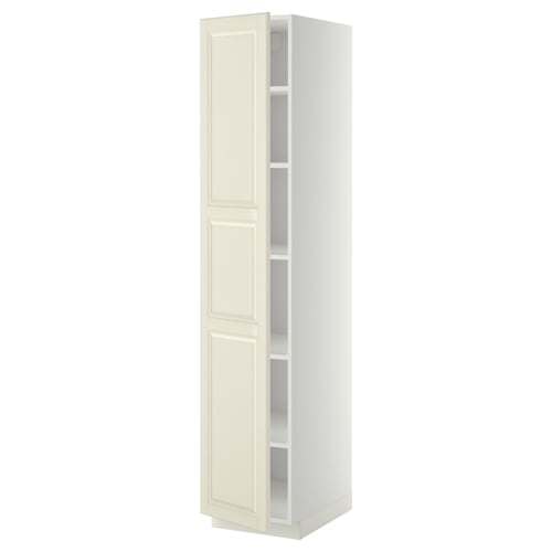 An off-white METOD kitchen cabinet with a rectangular shape, double doors, and adjustable shelves.
