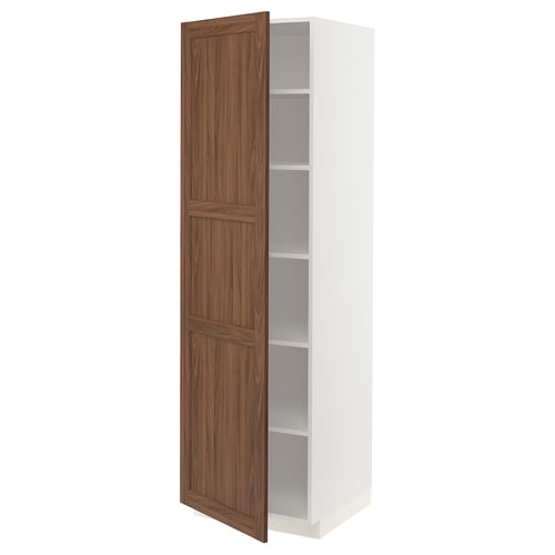 White ikea METOD kitchen cabinet with walnut door open, showing shelves.