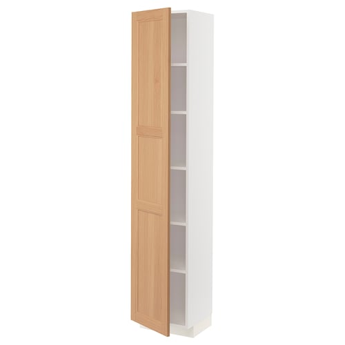 METOD kitchen cabinet with oak door, white frame, tall, adjustable shelves.