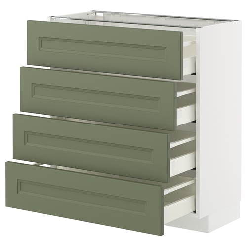 A green and white METOD kitchen storage unit with four drawers and shelves.