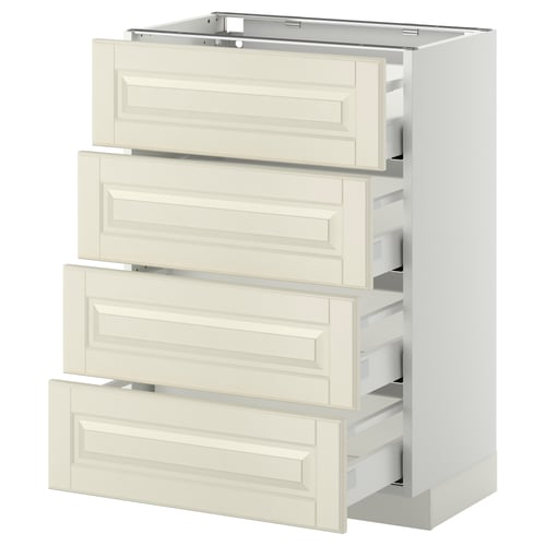 METOD kitchen unit with four off-white drawers, bevelled edges in light wood grain finish.