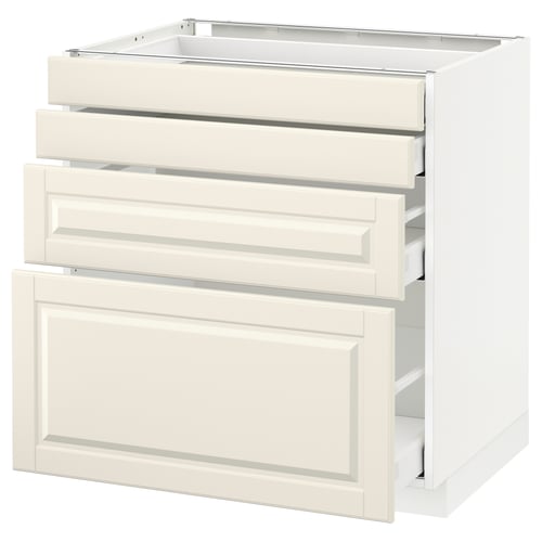 A white METOD kitchen cabinet with three drawers and a door, featuring bevelled edges.