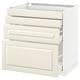A white METOD kitchen cabinet with three drawers and a door, featuring bevelled edges.