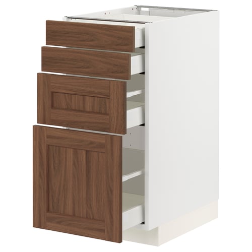 METOD kitchen unit: white & walnut drawer fronts, wooden grain texture, three drawers & a door, built-in drawer stops.