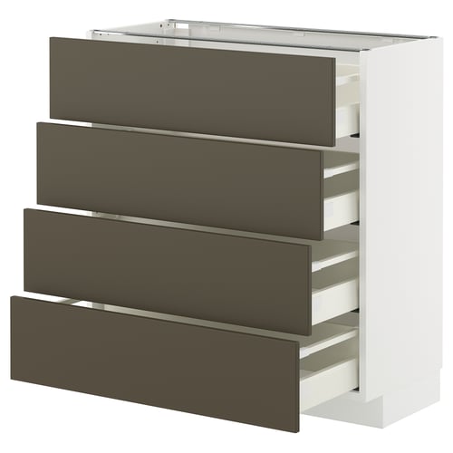 Modern kitchen cabinet: METOD in dark brown, four drawers, white frame, sleek design.