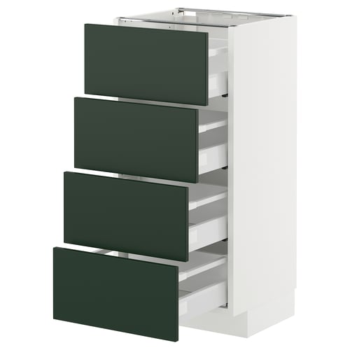 Modern white kitchen cabinet with 4 dark green drawers, smooth edges, ikea METOD series, self-closing drawers.