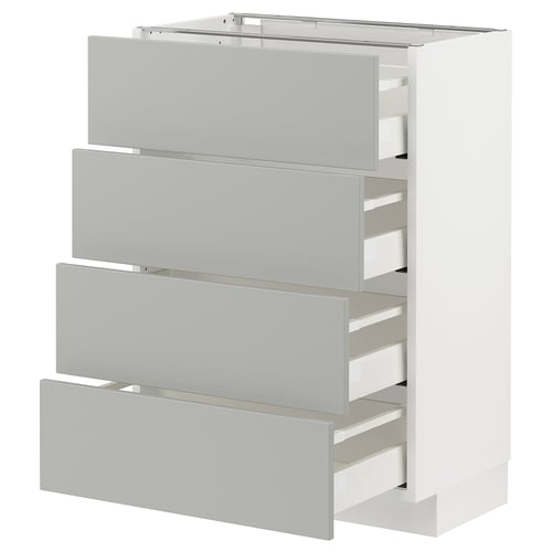 Modern light grey kitchen cabinet with four drawers, sleek design, durable acrylic paint, and metal accents.