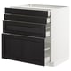 Modern kitchen cabinet, white with dark wood drawers.