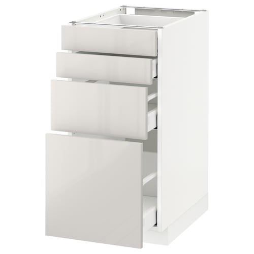 METOD kitchen cabinet in white with three open drawers, sleek and modern design.