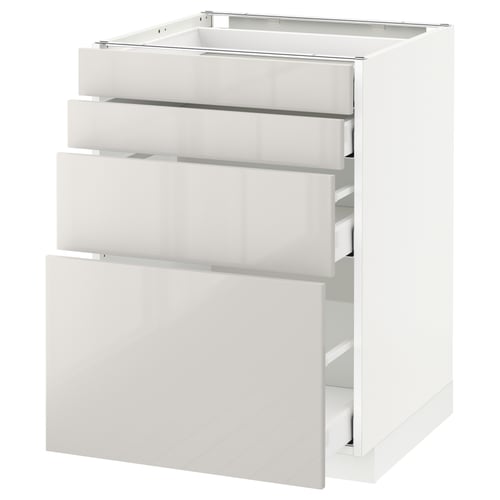 A white, sleek kitchen cabinet unit with three drawers. It has a modern design with a glossy finish, ideal for storage.