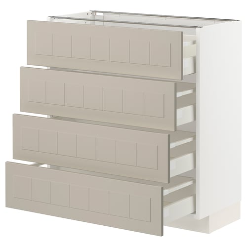 Beige METOD kitchen unit with four open drawers, made from fiberboard and steel.
