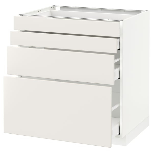 White METOD kitchen unit with smooth, modern design and multiple drawers.