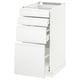 White METOD kitchen unit with modern, minimalist design and three open drawers.
