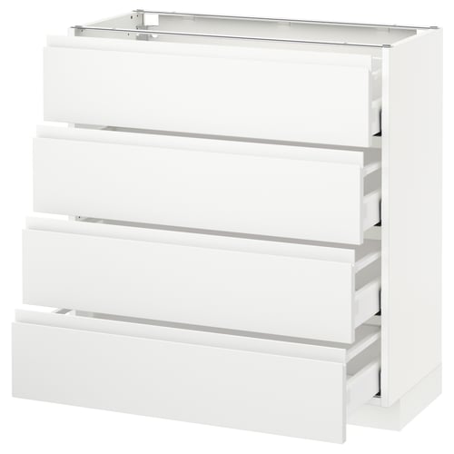 A white METOD kitchen unit with four drawers, a minimalist design with integrated handles, and smooth-running drawers.