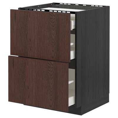 METOD / MAXIMERA Base cab f hob/2 fronts/3 drawers, black/Sinarp brown, 60x60 cm