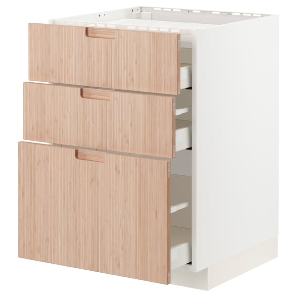 METOD / MAXIMERA Base cab f hob/3 fronts/3 drawers, white/Fröjered light bamboo, 60x60 cm