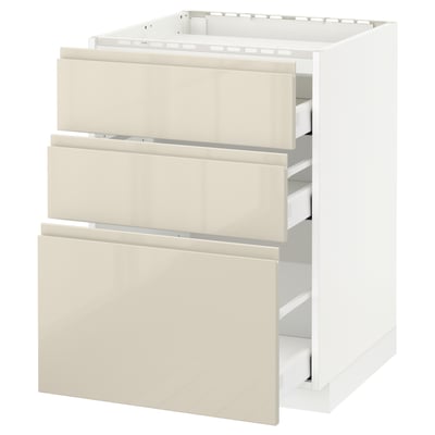 METOD / MAXIMERA Base cab f hob/3 fronts/3 drawers, white/Voxtorp high-gloss light beige, 60x60 cm