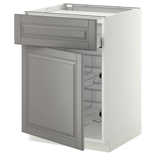Modern grey kitchen cabinet with open drawers, white frame, sturdy, bevelled edges.