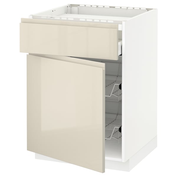 METOD / MAXIMERA Base cab f hob/drawer/2 wire bskts, white/Voxtorp high-gloss light beige, 60x60 cm
