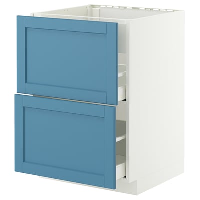 Blue kitchen cabinet with two drawers, sleek design, sturdy construction, smooth-running drawers.