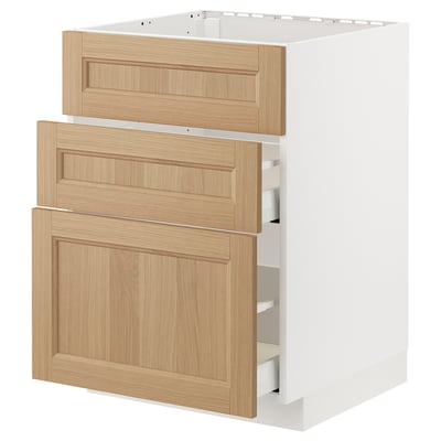 METOD / MAXIMERA Base cab f hob/int extractor w drw, white/Vedhamn oak, 60x60 cm