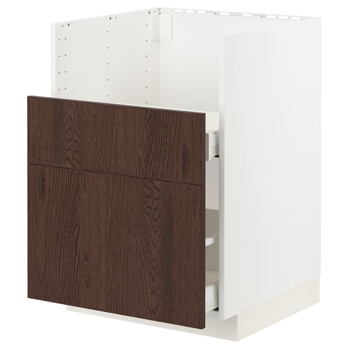 Modern kitchen cabinet, white and dark brown. Sturdy, wooden edges, metal rails. Part of METOD system.