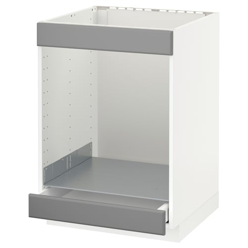 A white METOD kitchen cabinet with grey drawer. It sturdy construction and sleek, modern design.