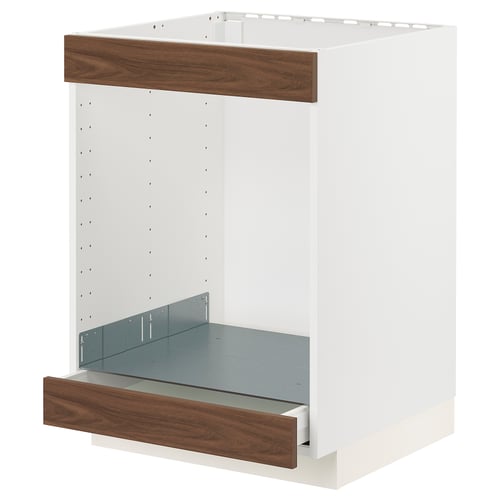 An ikea METOD kitchen cabinet unit with walnut-finished drawer fronts and a white frame.