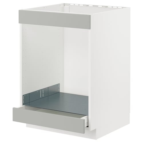 White METOD kitchen cabinet in light grey havstorp, right-angled shape, modern design.