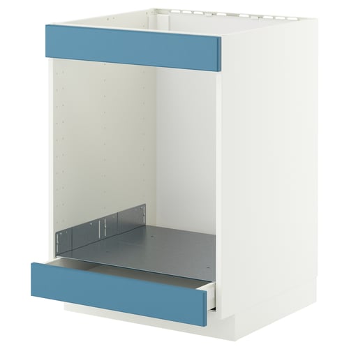 METOD kitchen unit: white frame, blue drawer, steel shelf, rectangular.