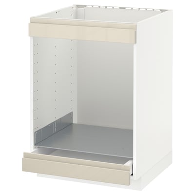 METOD / MAXIMERA Base cab for hob+oven w drawer, white/Voxtorp high-gloss light beige, 60x60 cm