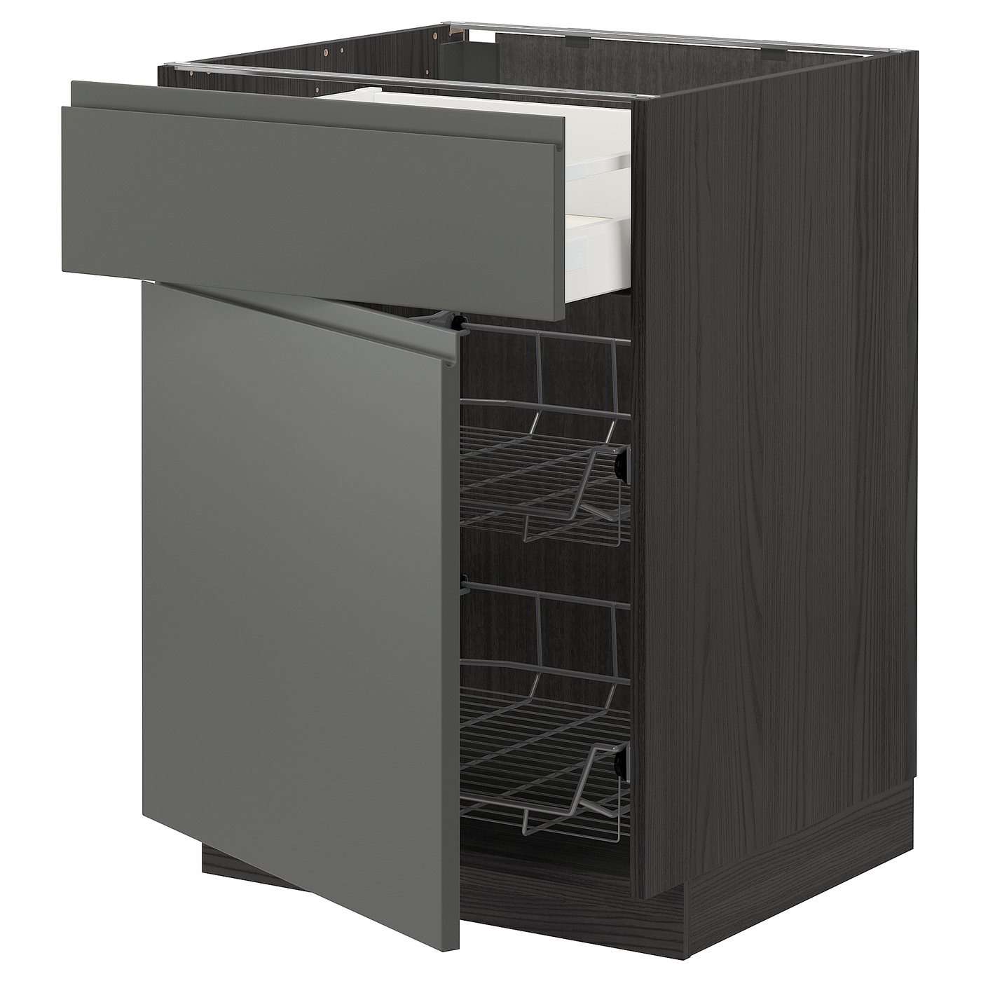 IKEA METOD Base cabinet with wire basket, drawer and door 60x60 cm MAXIMERA black/VOXTORP dark grey