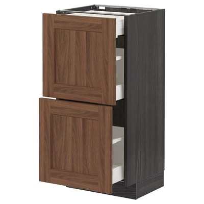 METOD / MAXIMERA Base cab with 2 fronts/3 drawers, black Enköping/brown walnut effect, 40x37 cm