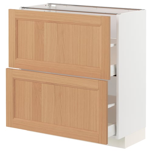 METOD kitchen unit, white & oak, 3 drawers, solid wood.