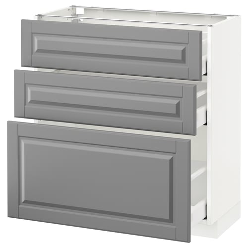 A grey and white METOD kitchen unit with three drawers and a cabinet door. The design is traditional with bevelled edges.