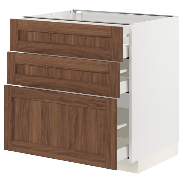 METOD / MAXIMERA Base cabinet with 3 drawers, white Enköping/brown walnut effect, 80x60 cm