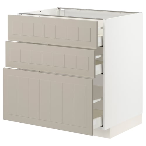 Off-white METOD kitchen cabinet with beige stensund fronts, three drawers.