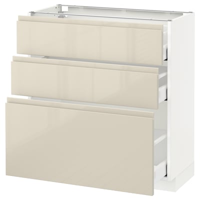 METOD / MAXIMERA Base cabinet with 3 drawers, white/Voxtorp high-gloss light beige, 80x37 cm