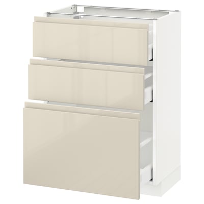 METOD / MAXIMERA Base cabinet with 3 drawers, white/Voxtorp high-gloss light beige, 60x37 cm