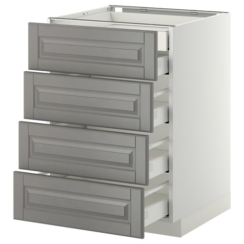 A white METOD kitchen cabinet with four grey drawers, each featuring bevelled edges and a modern design.