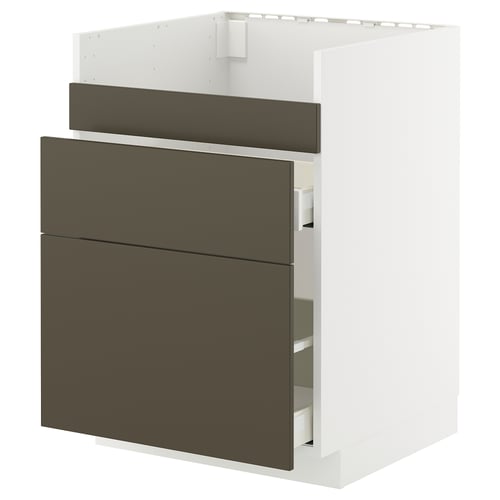 A modern white kitchen cabinet with dark brown drawers by IKEA. It two drawers and a sleek design.
