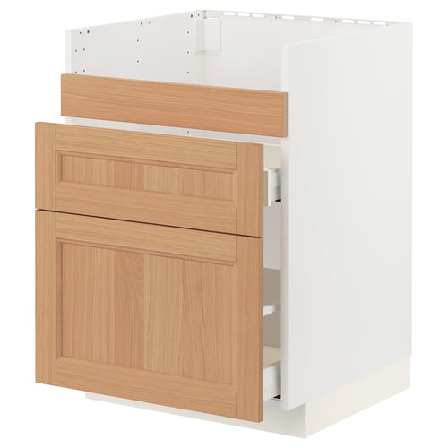 METOD kitchen cabinet in white & oak. Two drawers, fully extendable. Modern, natural design.