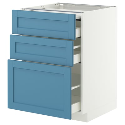 A METOD cabinet with three blue drawers and a white base. The drawers are rectangular with simple handles.